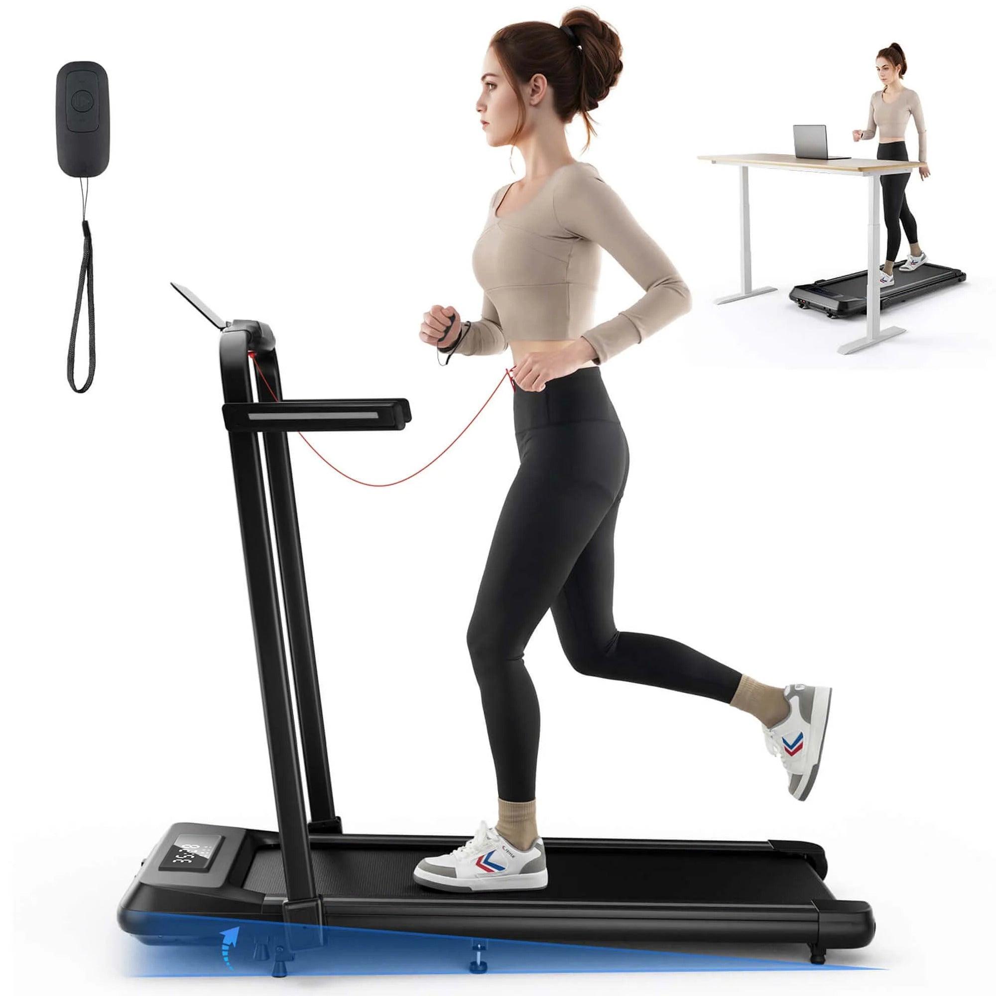 Woman running on modern home treadmill with remote control, under-desk treadmill in background