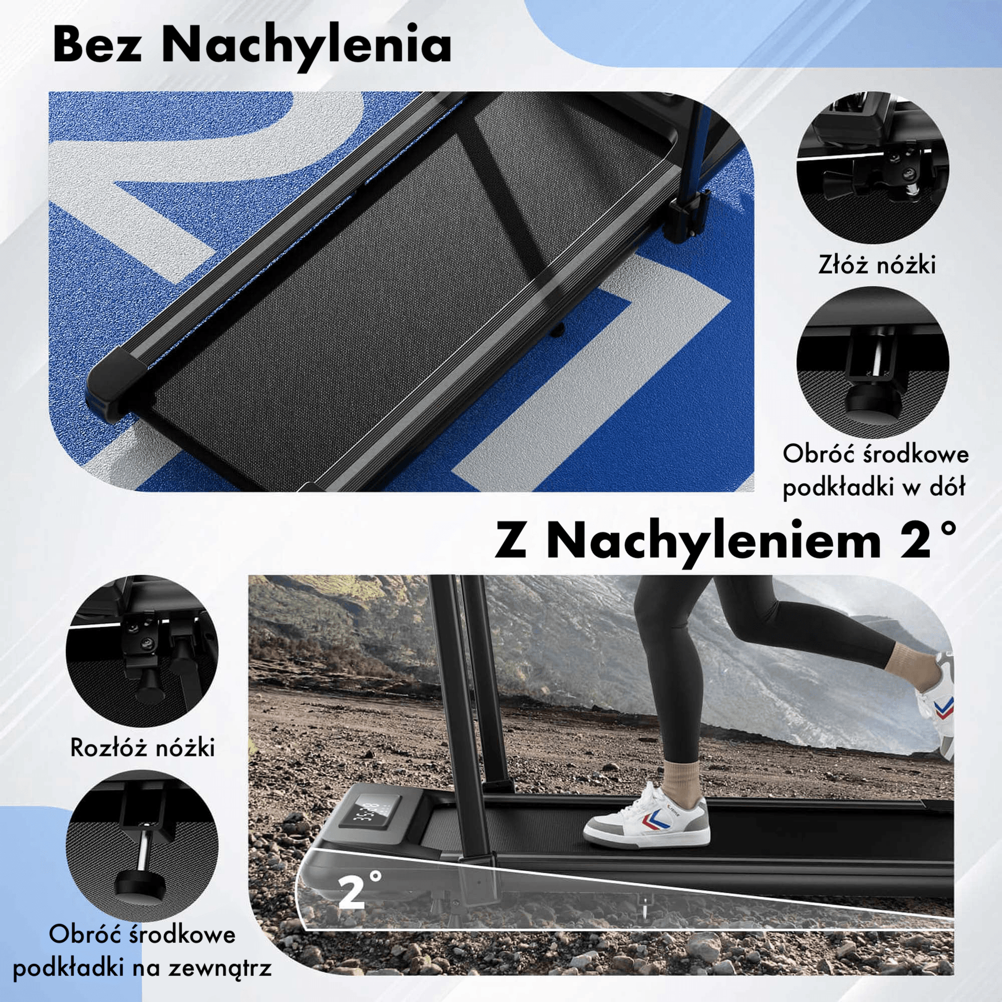 Treadmill incline adjustment guide showing flat and 2° incline modes, Athletic-bieżnie