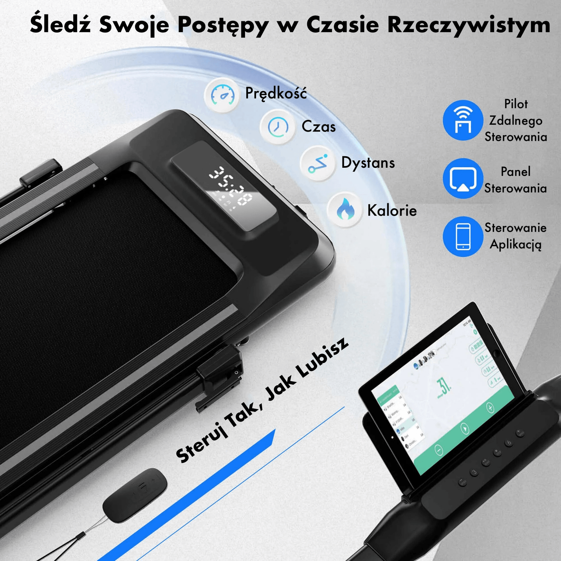 Modern treadmill display with speed, time, distance, calorie tracking and smart control options